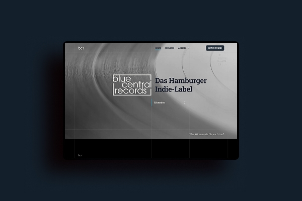 Landing page for Blue Central Records on tablet
