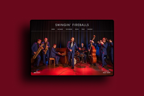 Landing page for Swingin' Fireballs on tablet