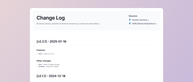Screenshots of change log page