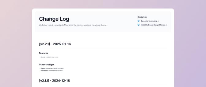 Screenshots of change log page