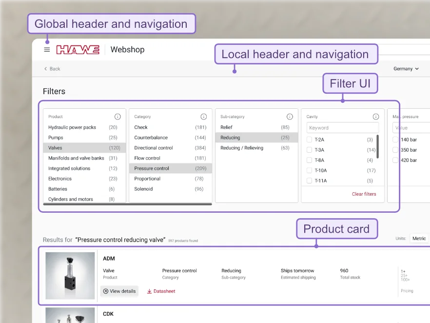 Webshop with marked elements that repeated in Cartridge selection tool