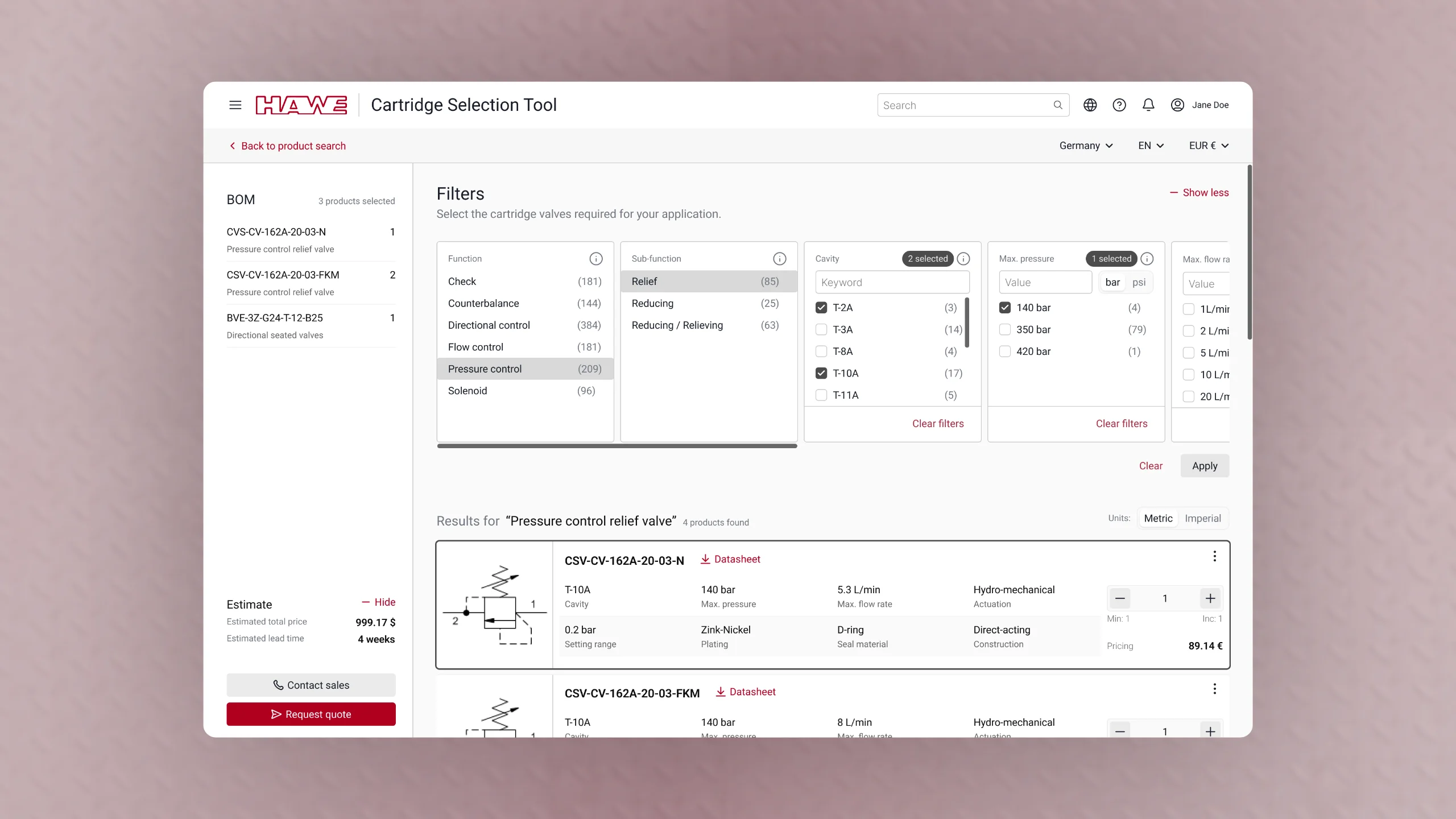 Product selection page